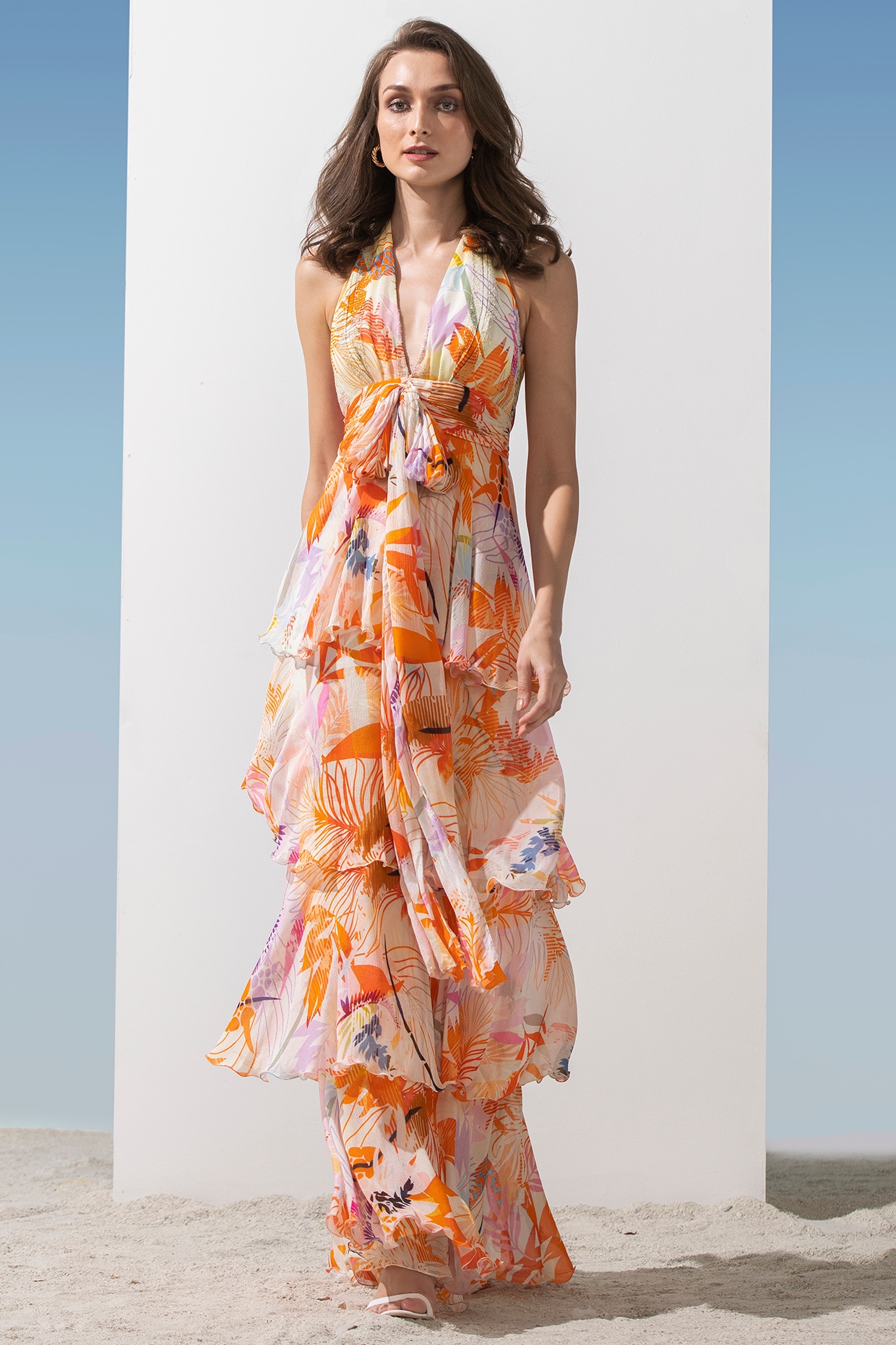 Orange Chiffon Printed Tiered Dress by Mandira Wirk at Pernia s Pop Up Shop 2024