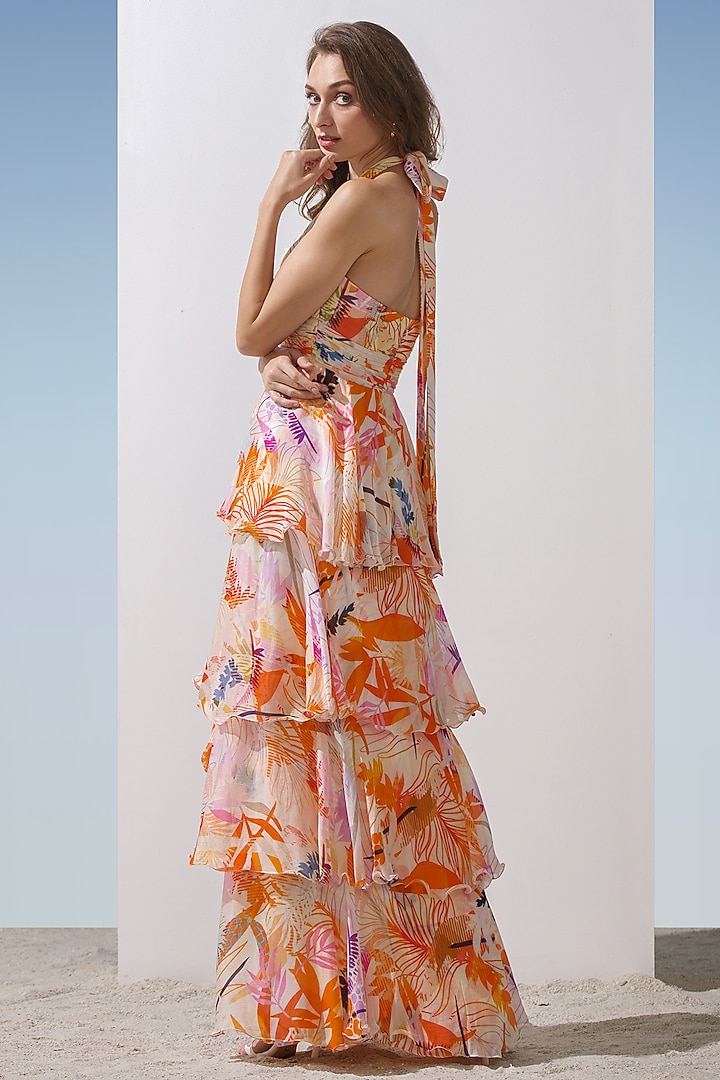 Orange Chiffon Printed Tiered Cocktail Dress by Mandira Wirk - Resort at Pernia's Pop Up Shop
