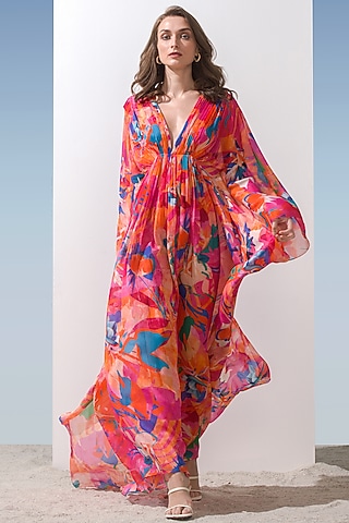 Dark Pink Chiffon Printed Kaftan by Mandira Wirk - Resort