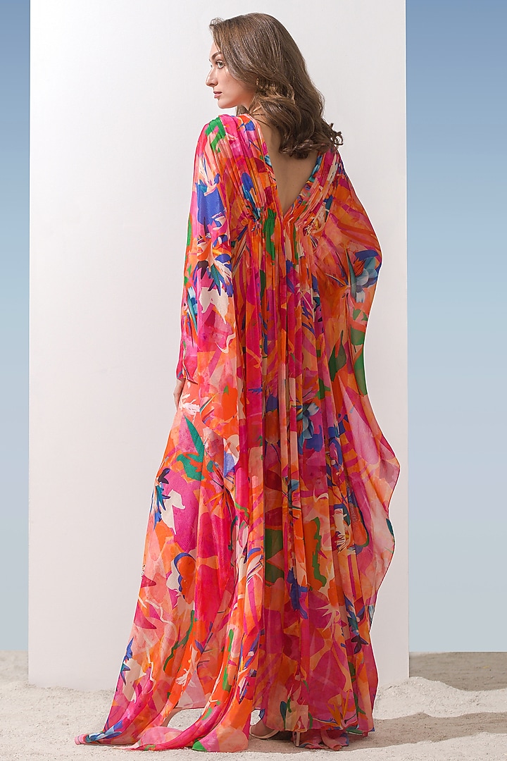 Dark Pink Chiffon Printed Kaftan by Mandira Wirk - Resort at Pernia's Pop Up Shop