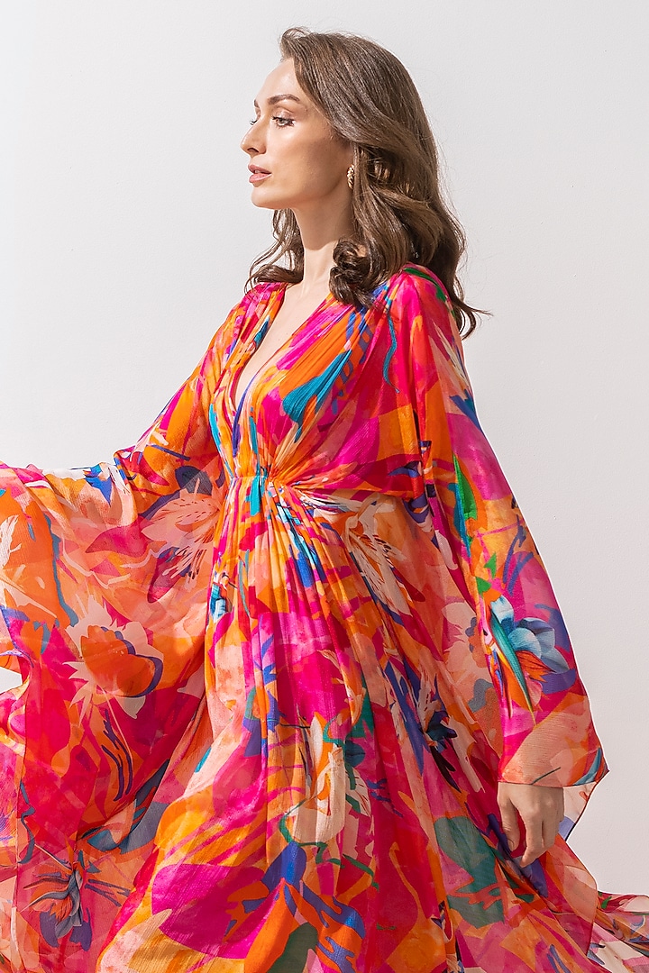 Dark Pink Chiffon Printed Kaftan by Mandira Wirk - Resort at Pernia's Pop Up Shop