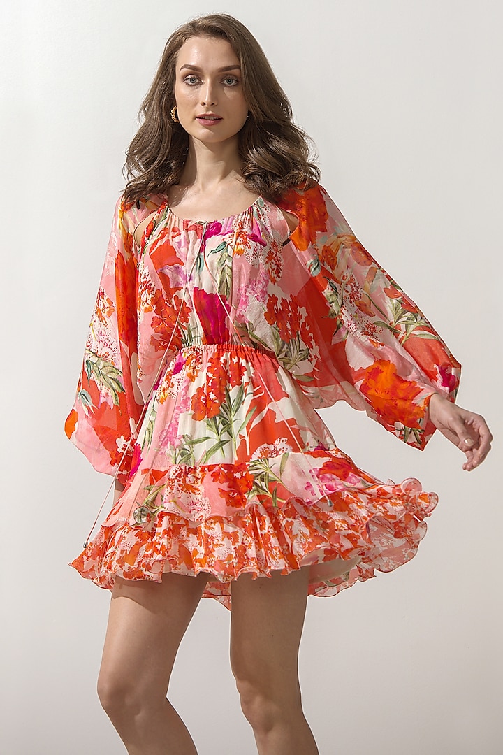 Coral Printed Layered Mini Dress by Mandira Wirk at Pernia's Pop Up Shop