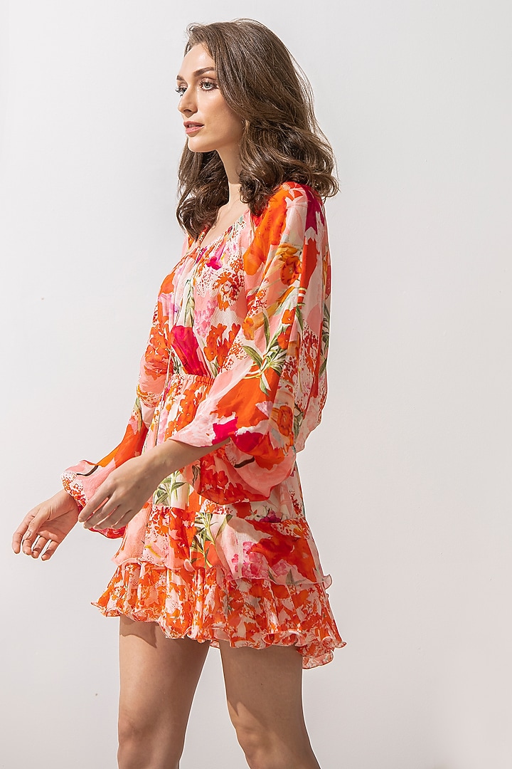 Coral Printed Layered Mini Vacation Dress by Mandira Wirk - Resort at Pernia's Pop Up Shop
