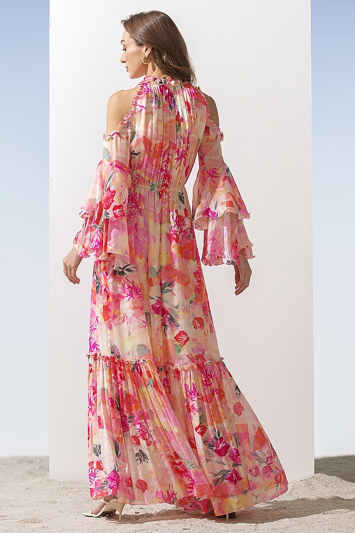 Pink Chiffon Printed Cocktail Dress by Mandira Wirk - Resort at Pernia's Pop Up Shop