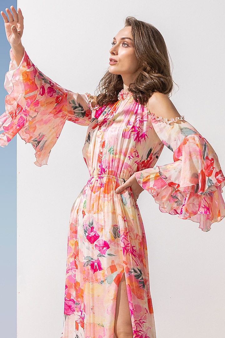 Pink Chiffon Printed Cocktail Dress by Mandira Wirk - Resort at Pernia's Pop Up Shop
