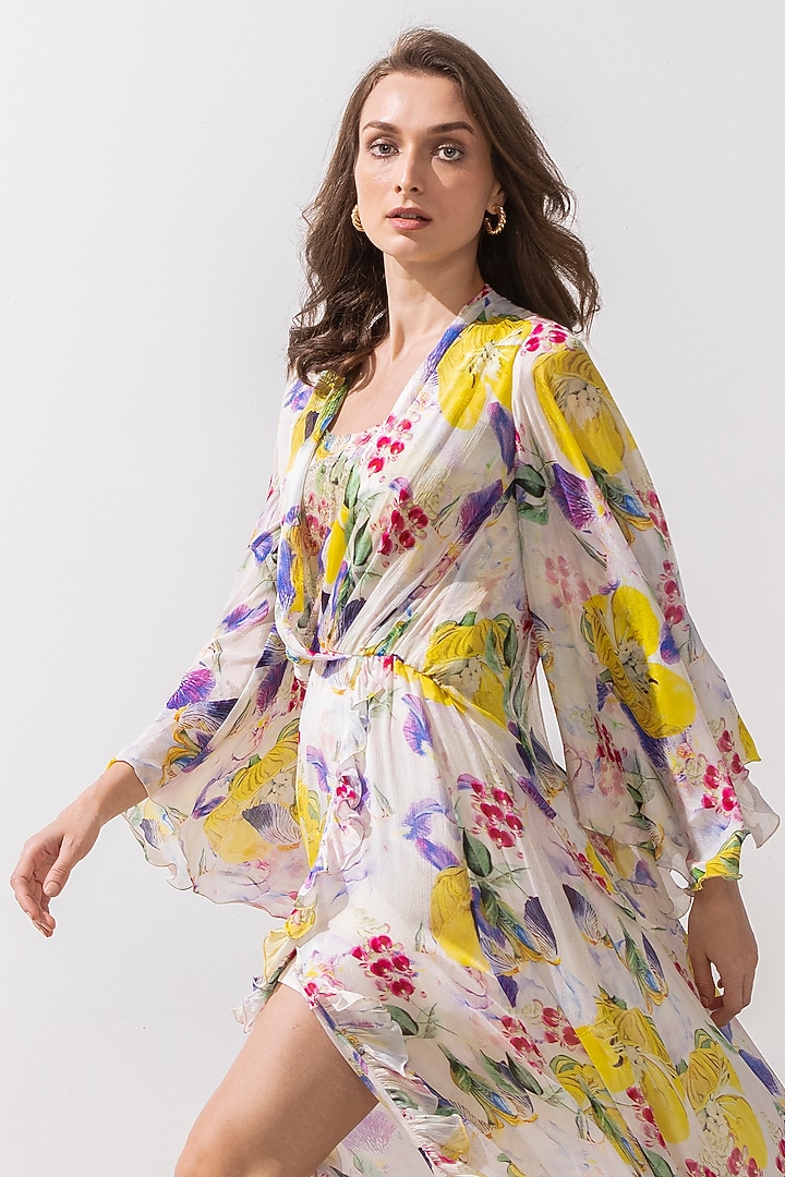 Yellow Chiffon Printed Maxi Cocktail Dress by Mandira Wirk - Resort at Pernia's Pop Up Shop