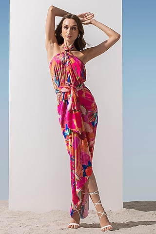 Dark Pink Abstract Printed Draped Dress by Mandira Wirk - Resort