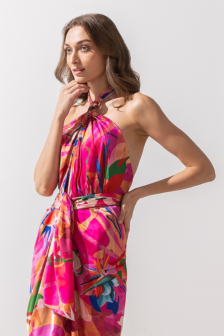 Dark Pink Abstract Printed Draped Vacation Dress by Mandira Wirk - Resort at Pernia's Pop Up Shop