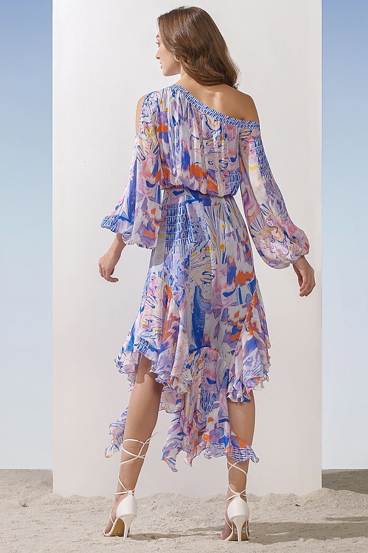 Blue Chiffon Printed Off-Shoulder Vacation Dress by Mandira Wirk - Resort at Pernia's Pop Up Shop