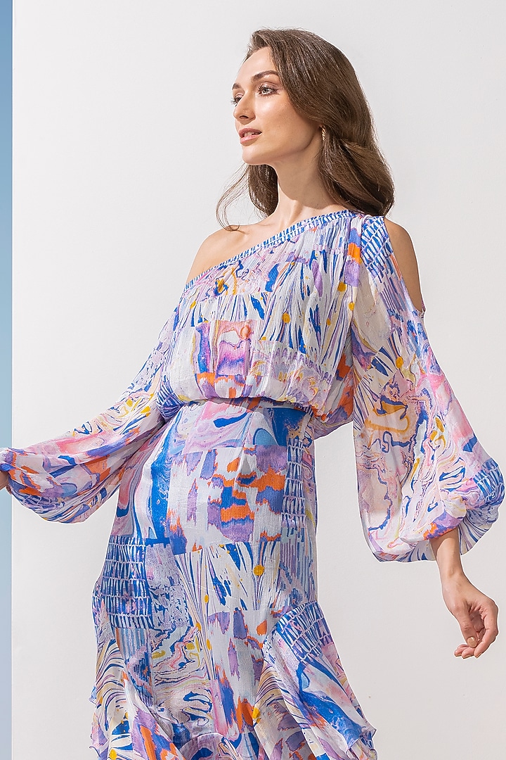 Blue Chiffon Printed Off-Shoulder Vacation Dress by Mandira Wirk - Resort at Pernia's Pop Up Shop