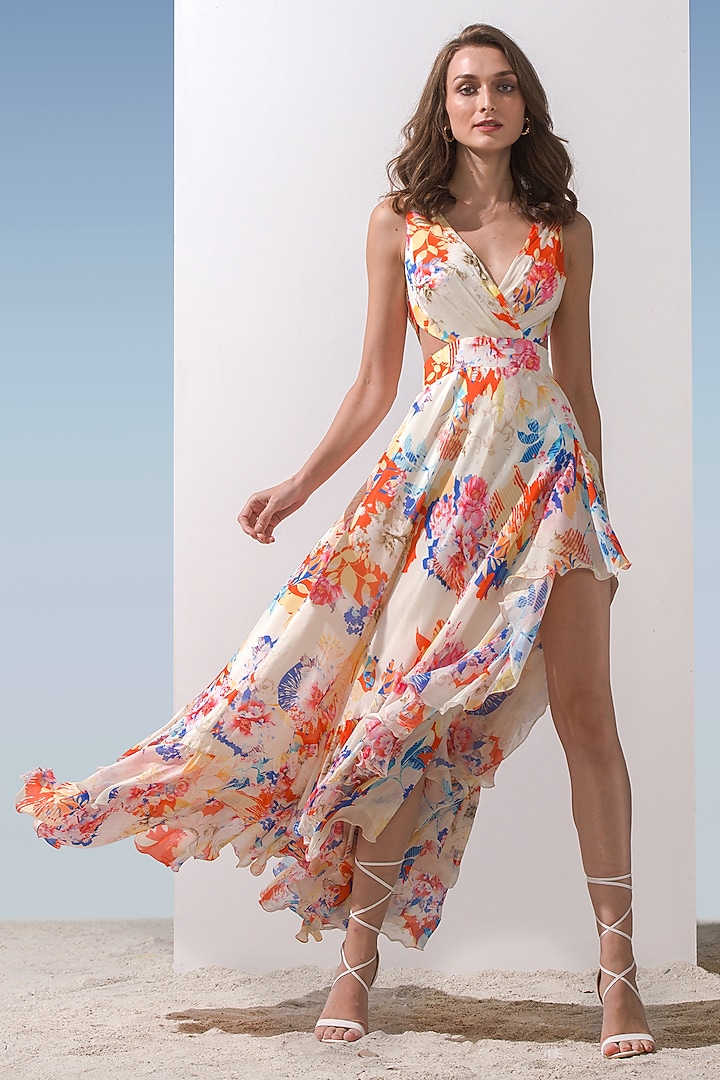 Multi-Colored Chiffon Printed Cocktail Dress by Mandira Wirk - Resort at Pernia's Pop Up Shop