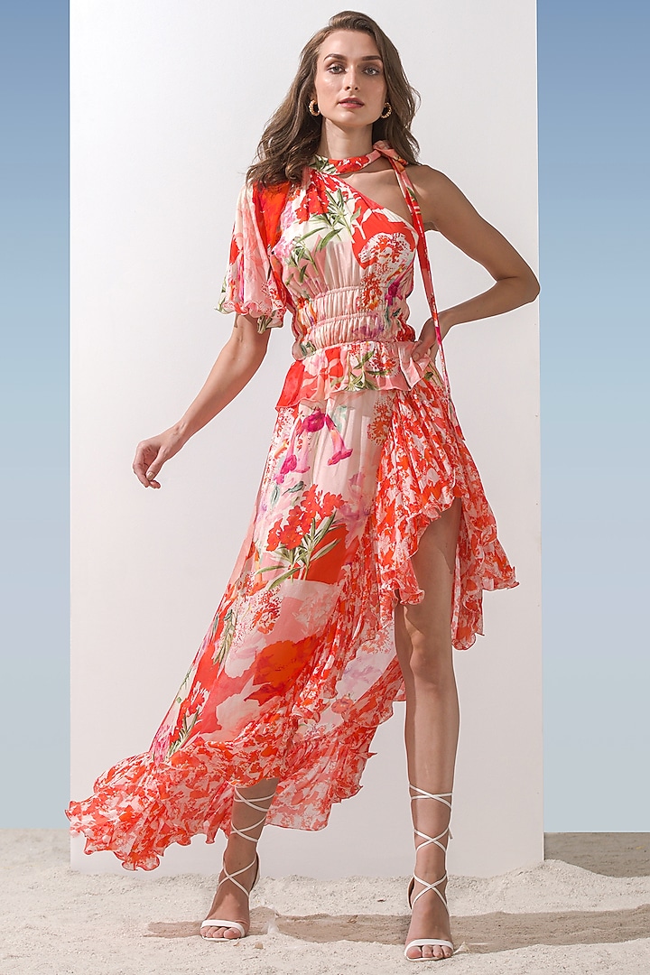 Coral Chiffon Printed Cocktail Dress by Mandira Wirk - Resort at Pernia's Pop Up Shop