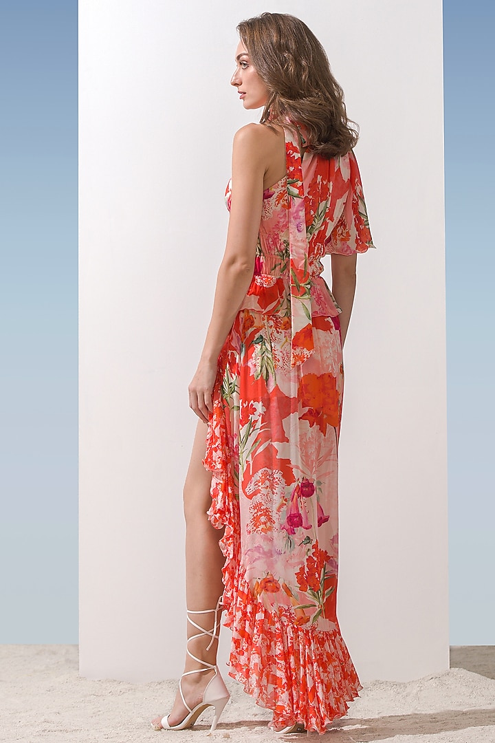 Coral Chiffon Printed Cocktail Dress by Mandira Wirk - Resort at Pernia's Pop Up Shop