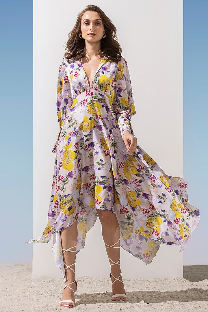 Yellow Printed Asymmetrical Dress  by Mandira Wirk