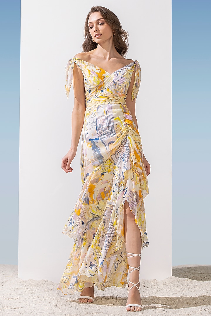 Yellow Printed Cold Shoulder Dress  by Mandira Wirk at Pernia's Pop Up Shop