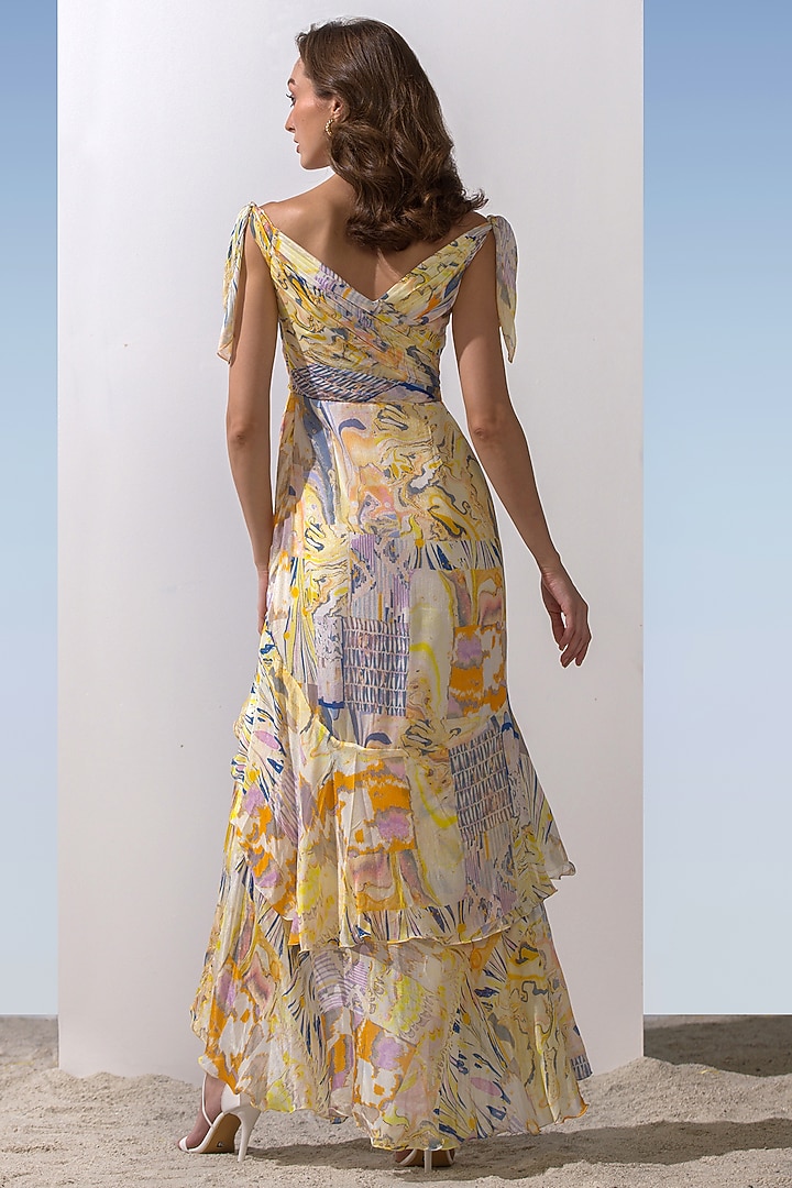 Yellow Printed Cold Shoulder Cocktail Dress by Mandira Wirk - Resort at Pernia's Pop Up Shop
