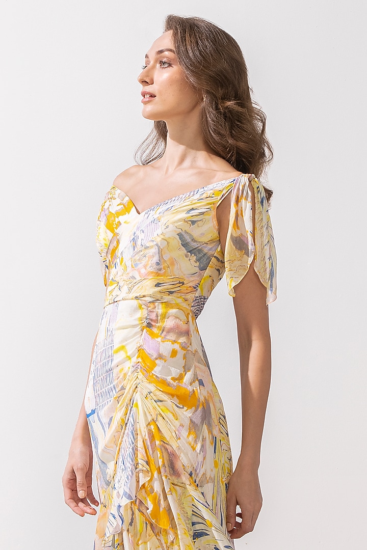 Yellow Printed Cold Shoulder Cocktail Dress by Mandira Wirk - Resort at Pernia's Pop Up Shop