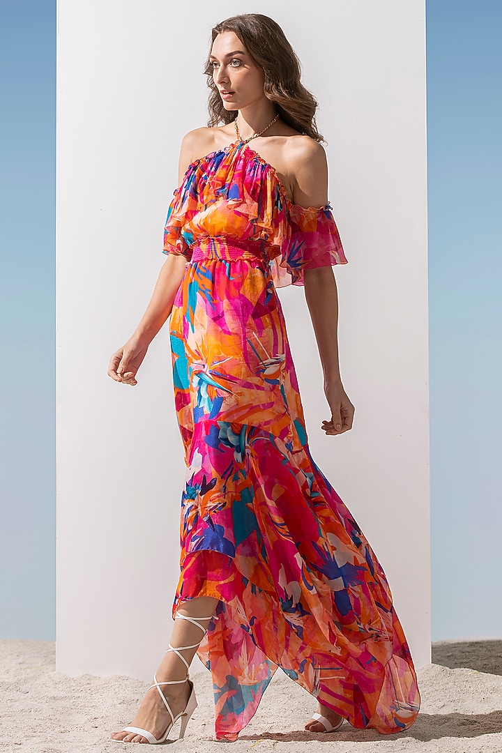 Dark Pink Printed Asymmetrical Cocktail Dress by Mandira Wirk - Resort at Pernia's Pop Up Shop
