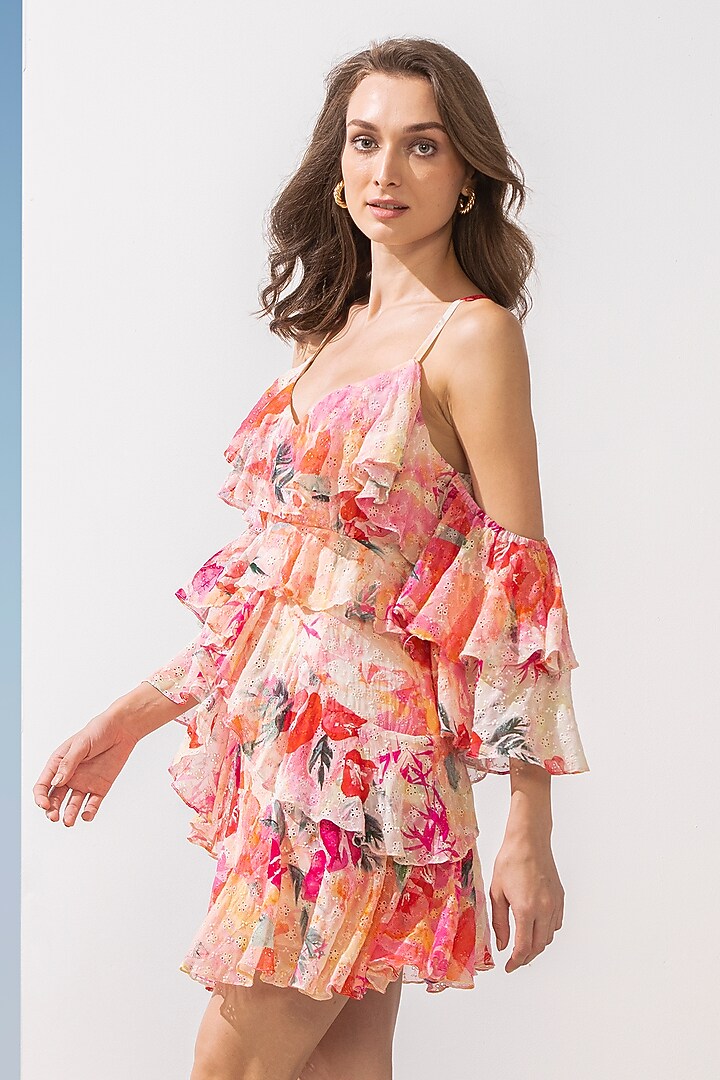 Pink Printed Mini Layered Vacation Dress by Mandira Wirk - Resort at Pernia's Pop Up Shop