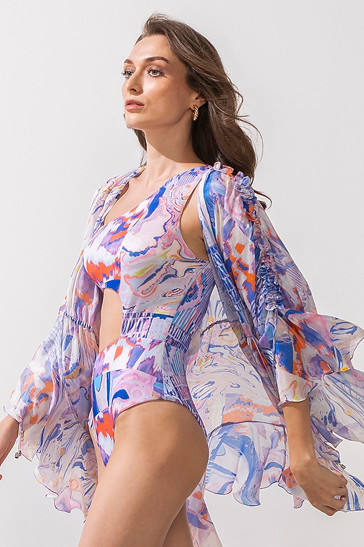 Blue Printed Bodysuit With Overlay by Mandira Wirk - Resort at Pernia's Pop Up Shop