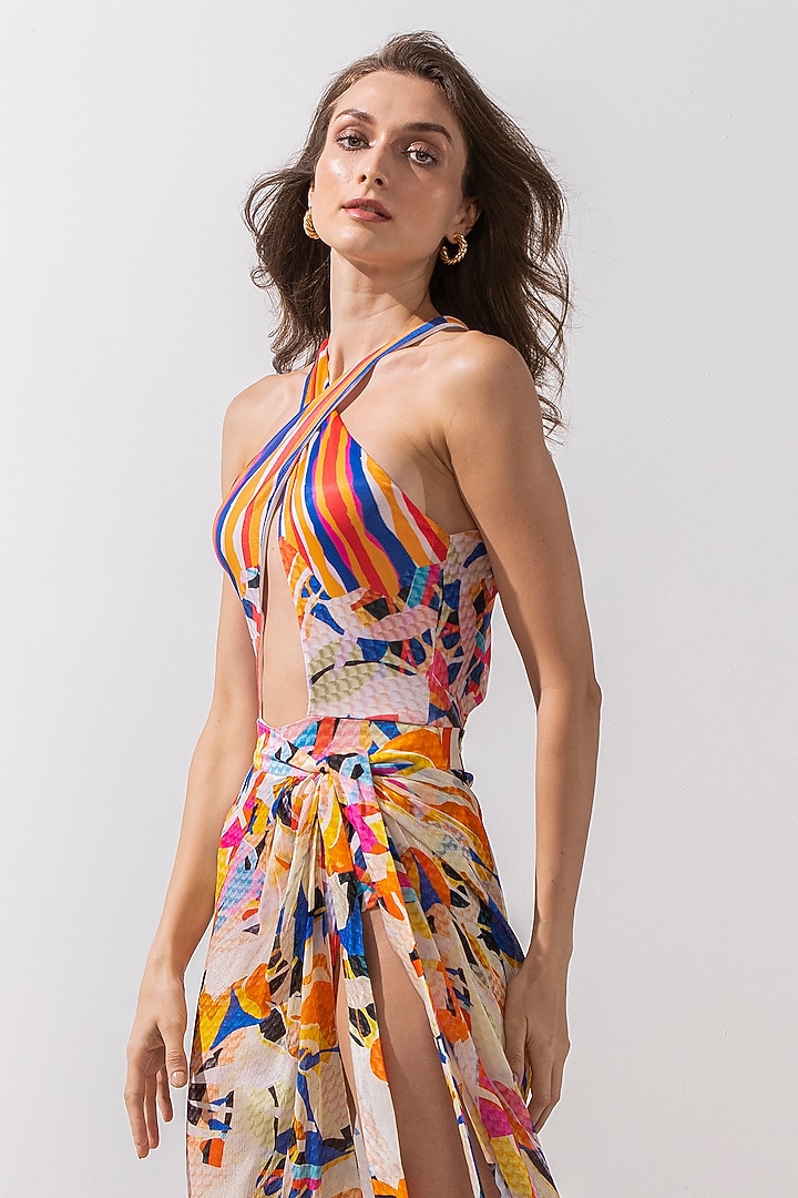 Multi-Colored Printed Bodysuit With Wrap by Mandira Wirk - Resort at Pernia's Pop Up Shop