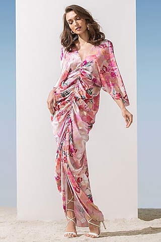 Pink Printed Kaftan by Mandira Wirk - Resort