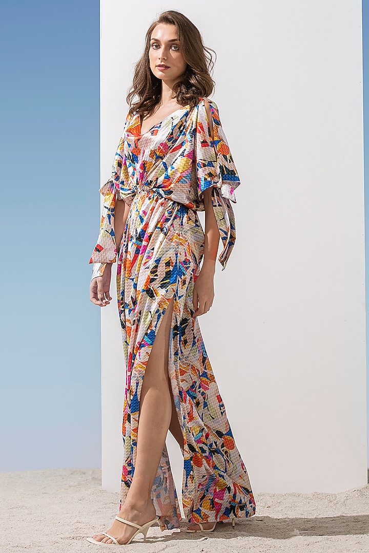 Multi-Colored Satin Printed Kaftan by Mandira Wirk - Resort at Pernia's Pop Up Shop