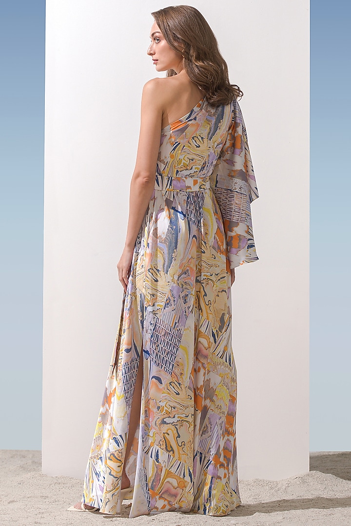 Yellow Marble Printed One Shoulder Kaftan by Mandira Wirk - Resort at Pernia's Pop Up Shop