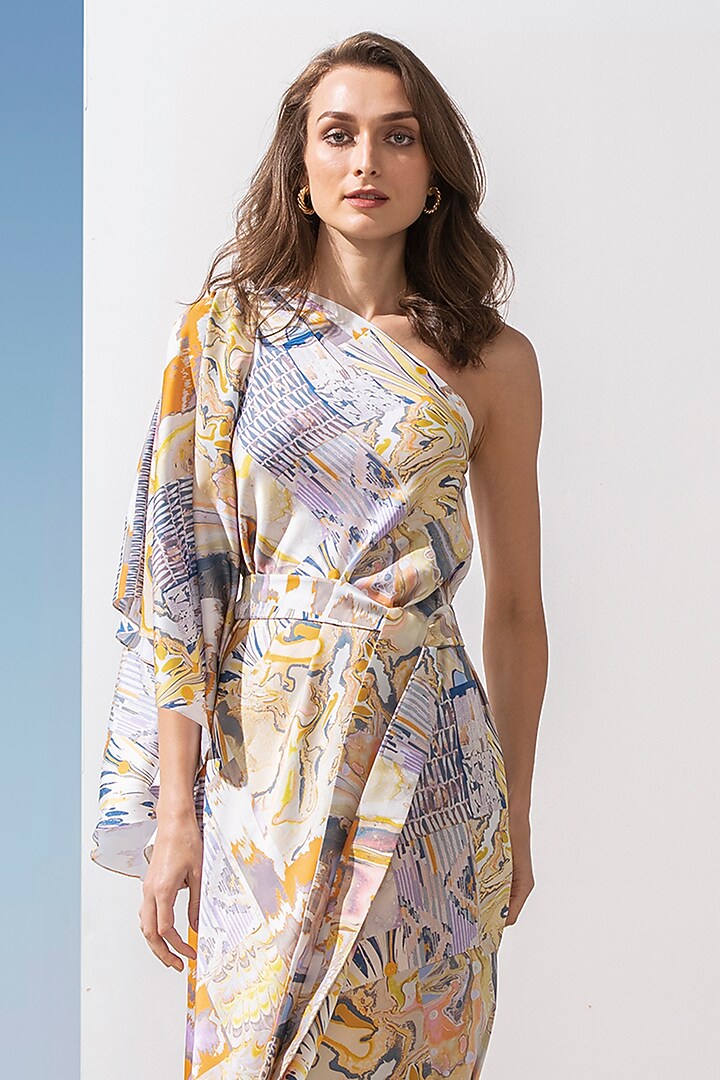 Yellow Marble Printed One Shoulder Kaftan by Mandira Wirk - Resort at Pernia's Pop Up Shop