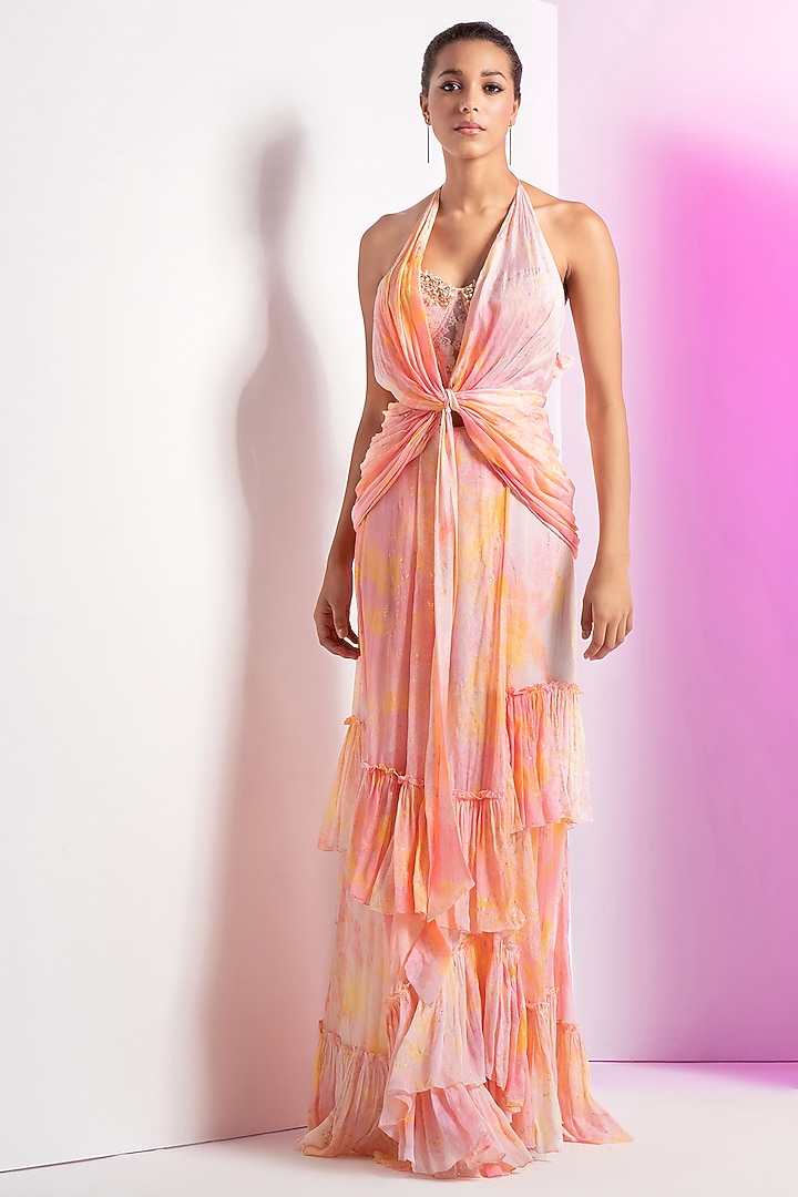 Orange Chiffon & Chantley Printed Frilled Skirt Set by Mandira Wirk - Resort at Pernia's Pop Up Shop