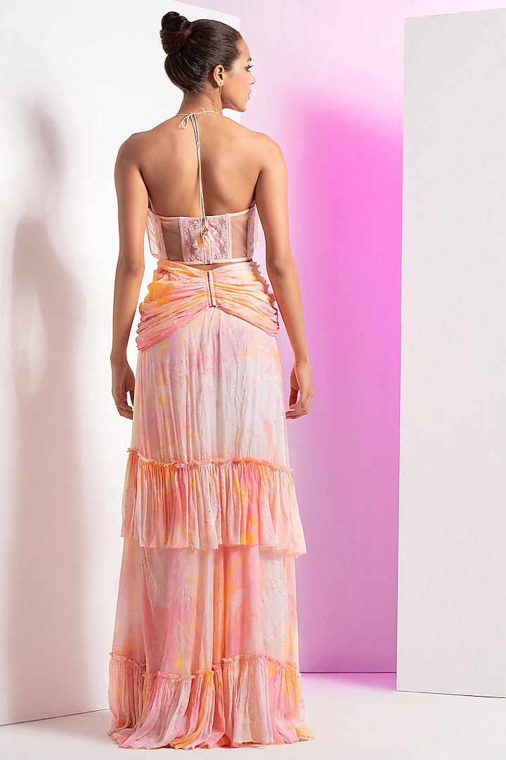 Orange Chiffon & Chantley Printed Frilled Skirt Set by Mandira Wirk - Resort at Pernia's Pop Up Shop