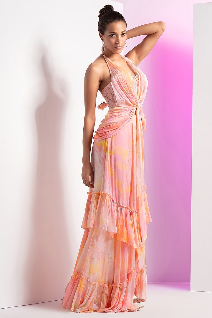 Orange Chiffon & Chantley Printed Frilled Skirt Set by Mandira Wirk - Resort at Pernia's Pop Up Shop