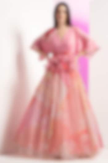 Pink Organza Floral Printed Peplum Engagement Gown With Belt by Mandira Wirk - Resort at Pernia's Pop Up Shop