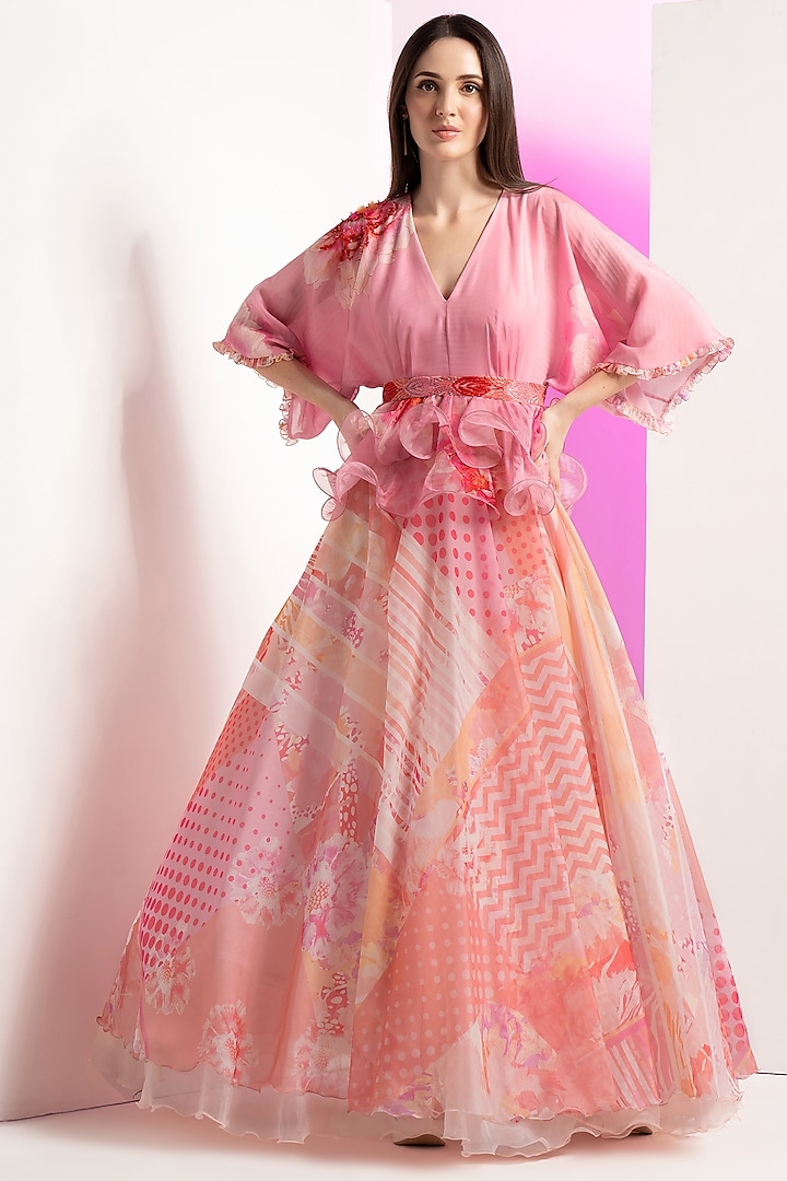 Pink Organza Floral Printed Peplum Engagement Gown With Belt by Mandira Wirk - Resort at Pernia's Pop Up Shop