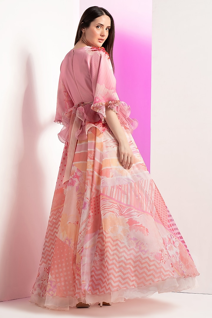 Pink Organza Floral Printed Peplum Engagement Gown With Belt by Mandira Wirk - Resort at Pernia's Pop Up Shop