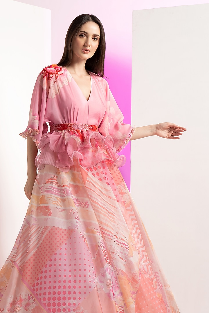 Pink Organza Floral Printed Peplum Engagement Gown With Belt by Mandira Wirk - Resort at Pernia's Pop Up Shop
