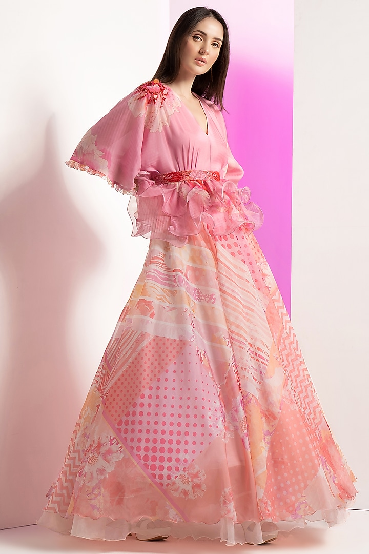 Pink Organza Floral Printed Peplum Engagement Gown With Belt by Mandira Wirk - Resort at Pernia's Pop Up Shop