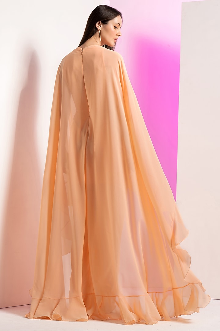 Salmon Pink Georgette Frill Cape Cocktail Dress by Mandira Wirk - Resort at Pernia's Pop Up Shop