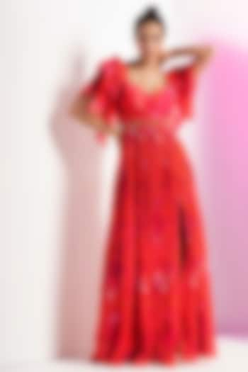 Poppy Red Georgette Pleated Dress With Belt by Mandira Wirk at Pernia's Pop Up Shop