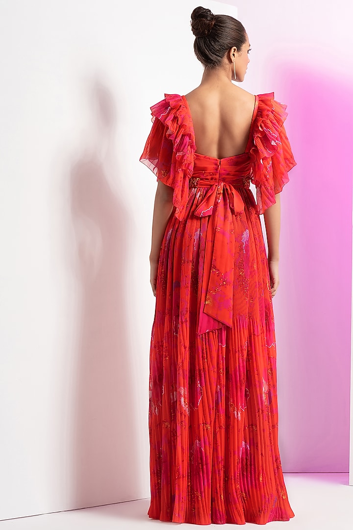 Poppy Red Georgette Pleated Cocktail Dress With Belt by Mandira Wirk - Resort at Pernia's Pop Up Shop