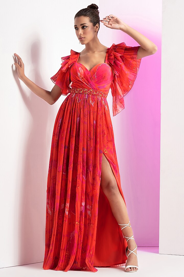 Poppy Red Georgette Pleated Cocktail Dress With Belt by Mandira Wirk - Resort at Pernia's Pop Up Shop