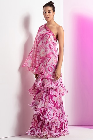 Purple Chiffon Floral Printed One-Shoulder Layered Dress by Mandira Wirk - Resort