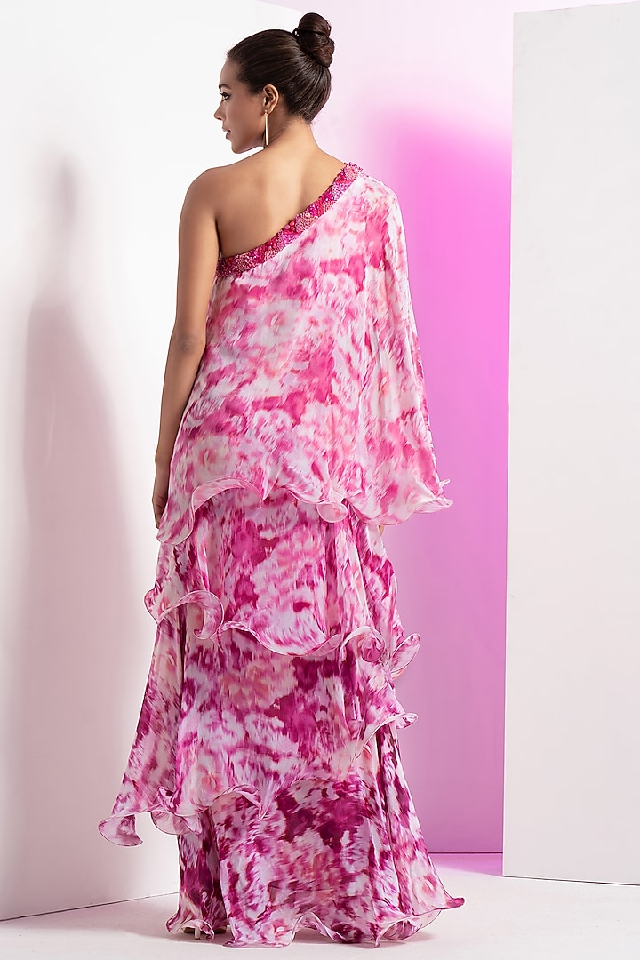 Purple Chiffon Floral Printed One-Shoulder Layered Cocktail Dress by Mandira Wirk - Resort at Pernia's Pop Up Shop