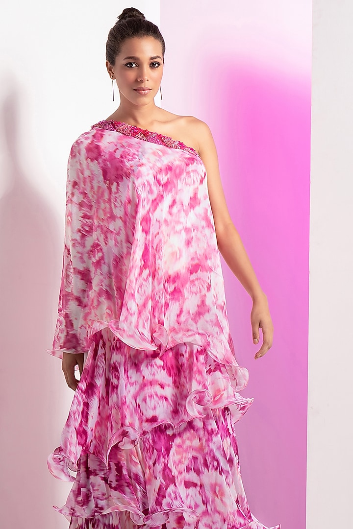 Purple Chiffon Floral Printed One-Shoulder Layered Cocktail Dress by Mandira Wirk - Resort at Pernia's Pop Up Shop
