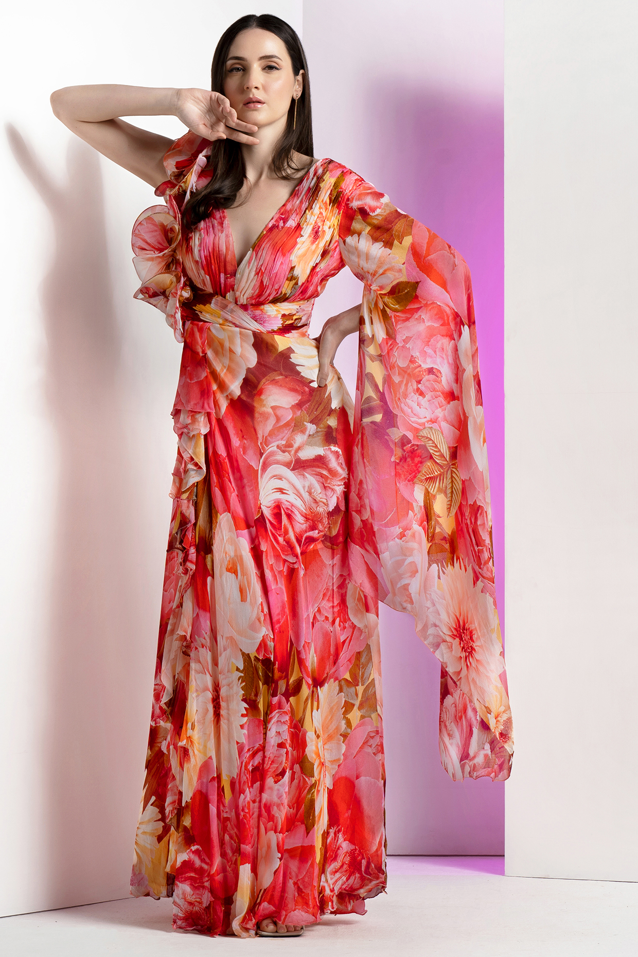 Red Chiffon Printed Party Wear Gown by Mandira Wirk - Resort at Pernia's Pop Up Shop