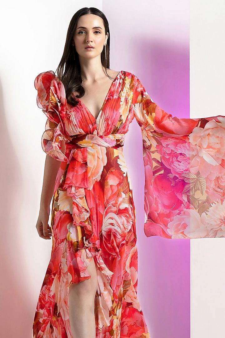 Red Chiffon Printed Engagement Gown by Mandira Wirk - Resort at Pernia's Pop Up Shop