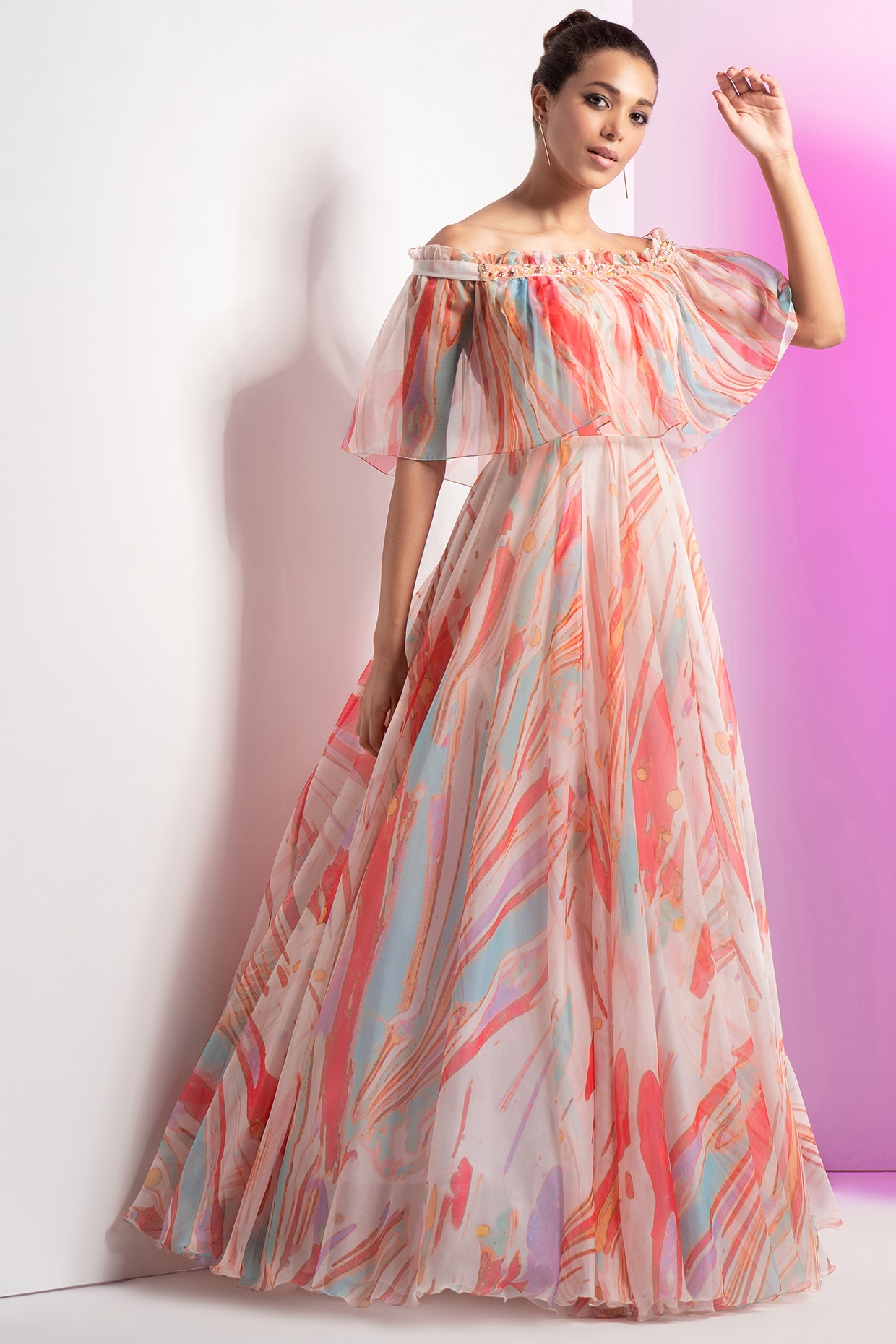 Shop Online Grey Off Shoulder Dress Knot Pattern with Front Slit Women Designer  Dress – Lady India