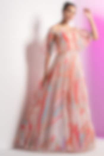 Ivory Organza Printed Off-Shoulder Cape Gown by Mandira Wirk at Pernia's Pop Up Shop