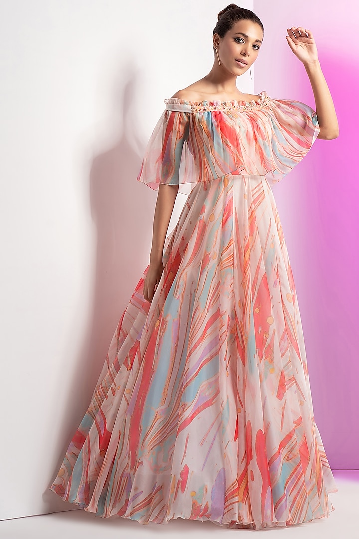 Ivory Organza Printed Off-Shoulder Cape Gown by Mandira Wirk at Pernia's Pop Up Shop