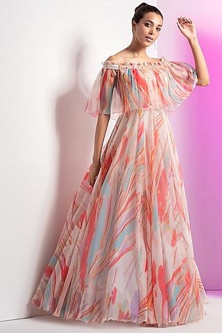 Ivory Organza Printed Off-Shoulder Cape Gown by Mandira Wirk - Resort